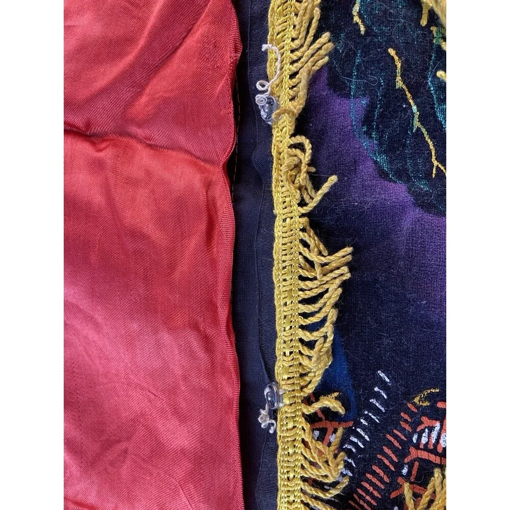 Vintage Asian Pagoda Velvet Silk Pillowcase Set Gold Fringe Oriental Decor -2
